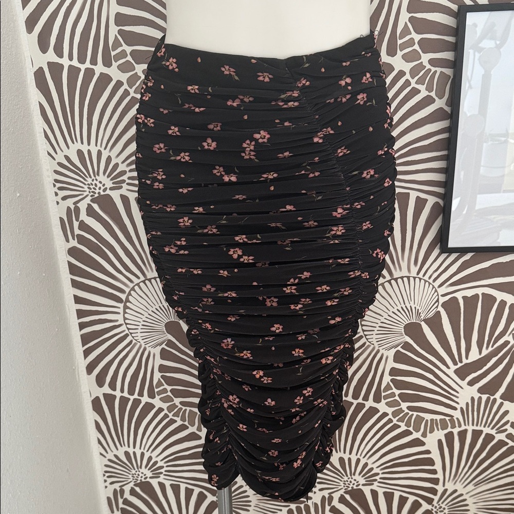 AFRM Black Floral Ruched Midi Skirt